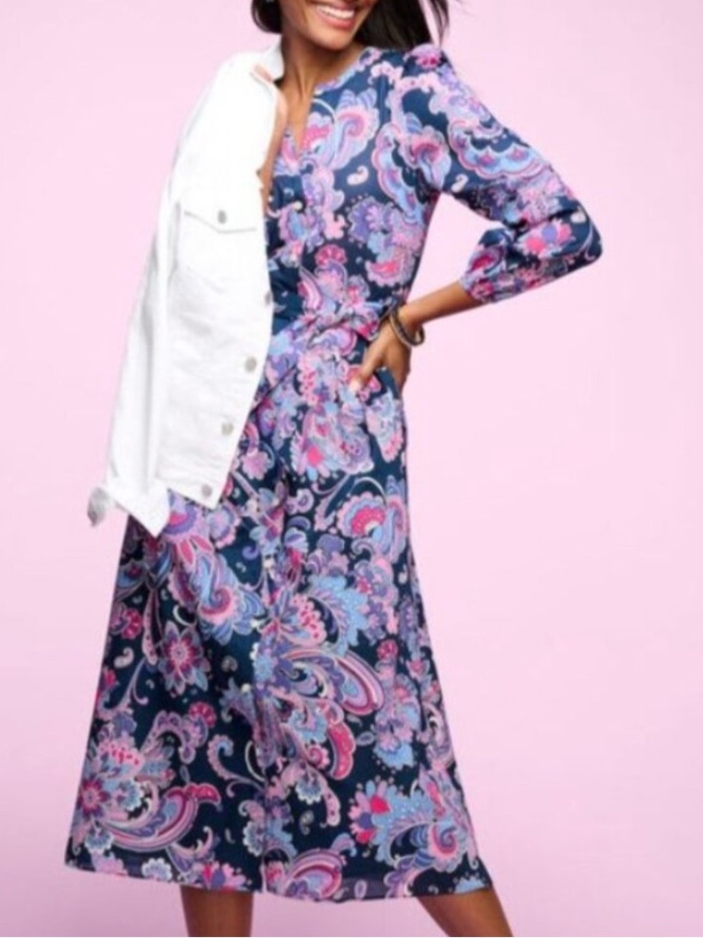 Talbots Petite Navy Purple Pink Paisley Floral Button Front‎ Dress. Size 14P.